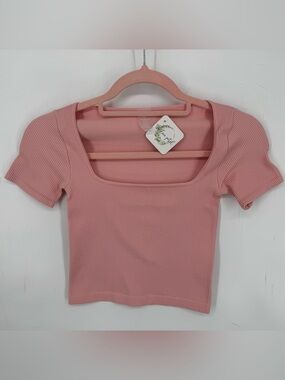 Dynamic Coquette Soft Girl Pink Ribbed Square Neck Fitted Crop Top NWT OSFM